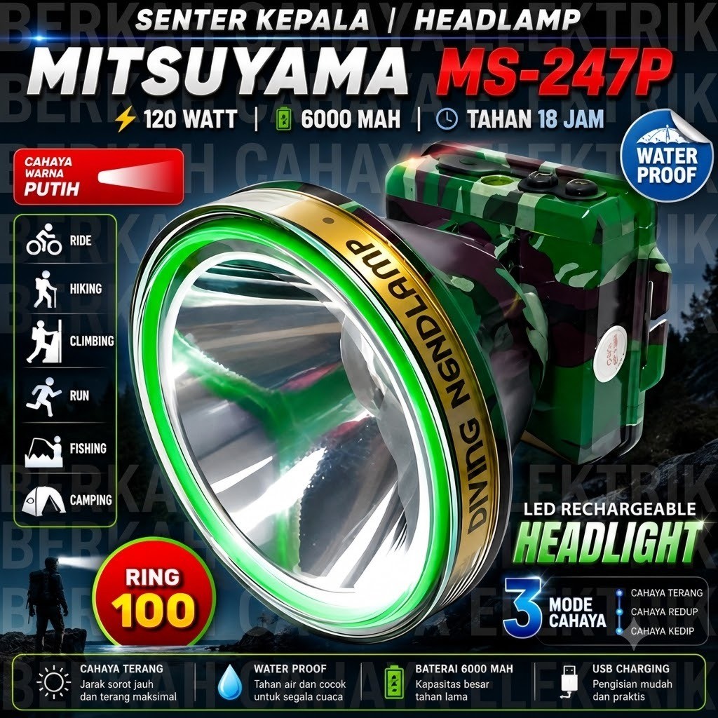 Mitsuyama Senter Kepala Army Diving MS-247P Headlamp Diving 4 Mode Tahan 18 Jam