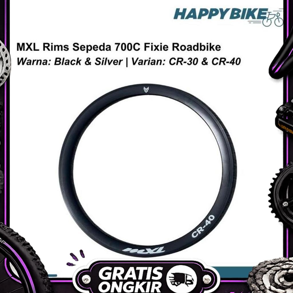 Velg Mxl Rim Sepeda 700C Fixie Roadbike Cr-30 Cr-40 V-Brake 32H/36H - Black/Silver - Outdoor