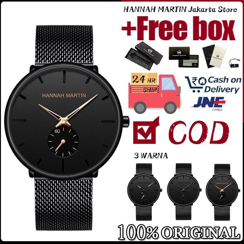 Hannah Martin Jam Tangan Pria Sangat tipis 100% Original Cowok Quartz Men Watch COD Arloji Tangan