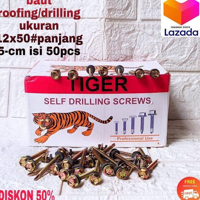 Promo Baut Baja Ringan Roofing/Drilling 12X50 Panjang 5Cm Isi 50Pcs Baut Roofing/Drilling Baja Ringa