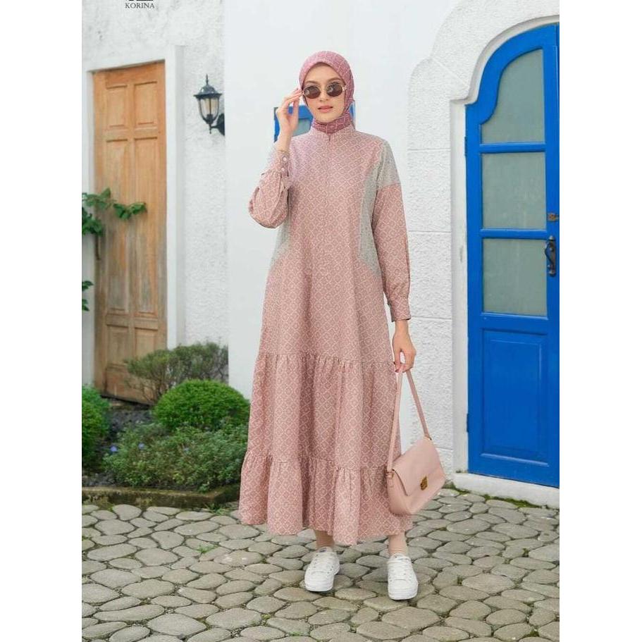 Korina Midi Dress Katun Printing Terbaru Muslim Wanita Dewasa Motif Panjang Cantik Nyaman
