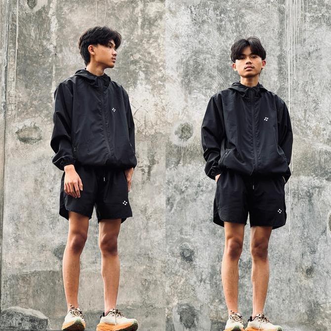 Set Jaket Sport + Celana Pendek Pria Wanita Bahan Parasut Anti Air