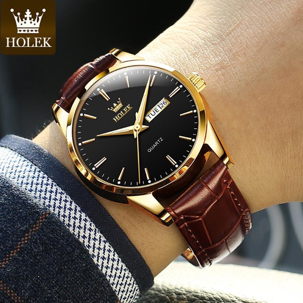 HOLEK H001 Jam Tangan Couple Pasangan Anti Air Luxury Fashion Tali Kulit Dewasa Watch+Kotak Gratis