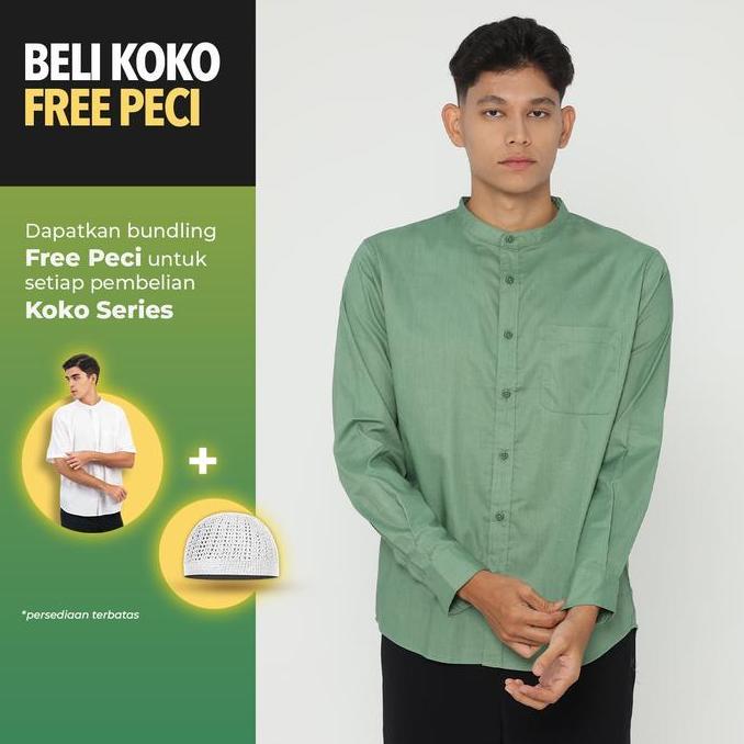 HARGA SAHABAT - Erigo Shanghai Long Sleeve Basic Fairuz Sage Green - Kemeja Koko Lengan Panjang Unis