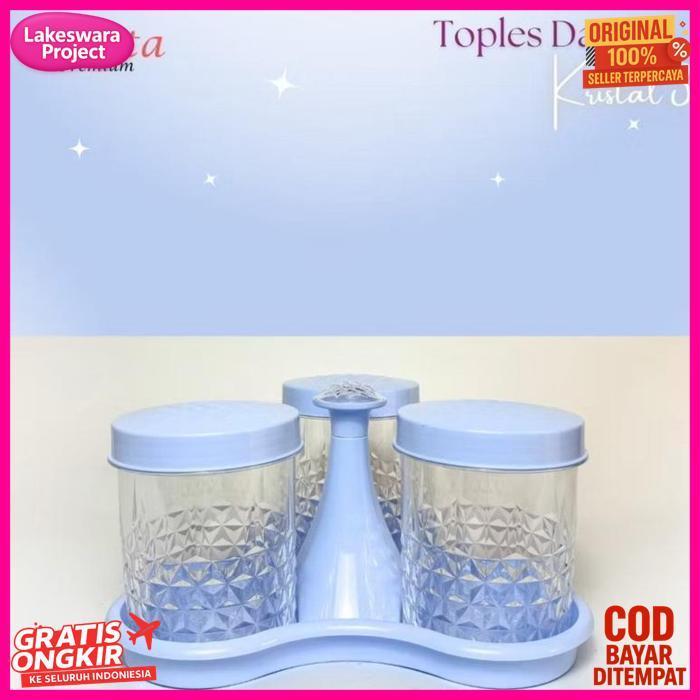 Cod Toples Calista Daun Kristal 3 Oentoeng Set 3 Pcs/ Toples Set Kristal Warna Biru Hijau Pink Salmo