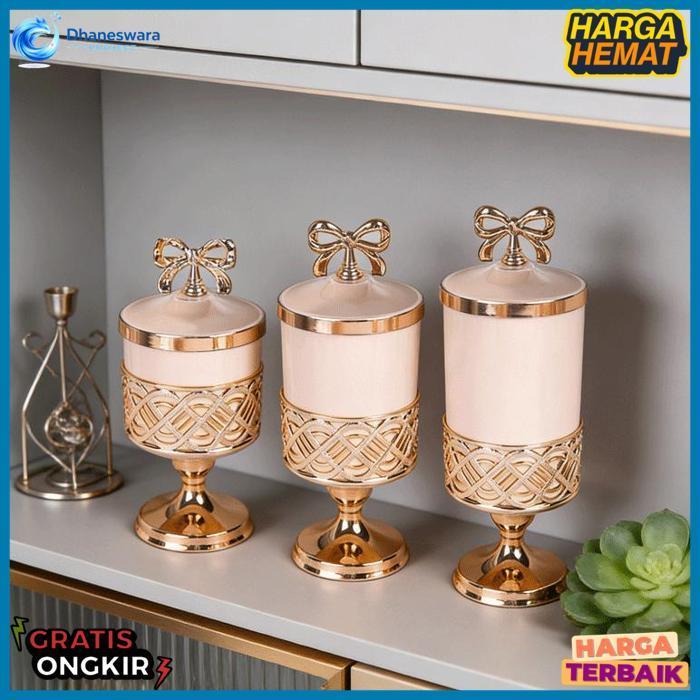 Keranixy 3Pcs Toples Lebaran Elegan Set Wadah Kue Kering & Hiasan Meja Ramadhan Yang Mewah Toples Pl