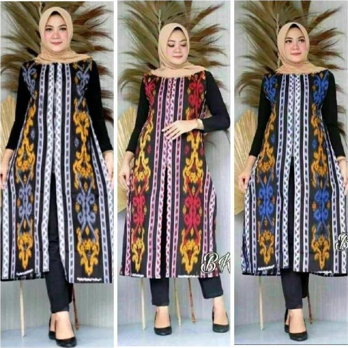 Maxi Kardigan Songket, Tanpa Lengan, Bahan Katun Asli, Tersedia 3 Warna Abu Merah Biru, Alsize Ld 10