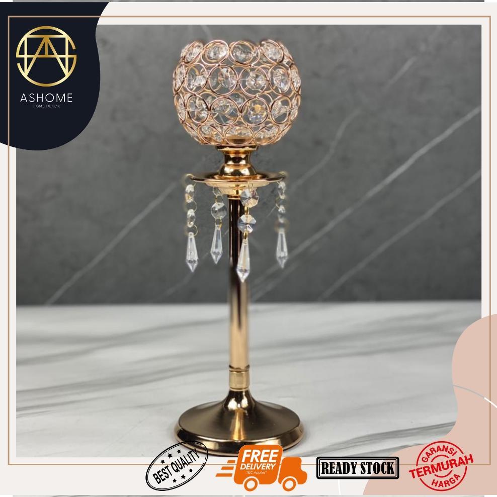 Tempat Lilin Kristal Gold dengan Gantungan Kristal Ukuran Large / Tempat Lilin Krsital Emas / Tempat