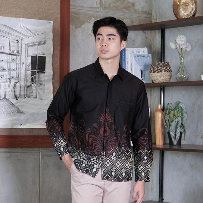 Swipe Up Kemeja Batik Pria Katun Slimfit Modern Lengan Panjang Motif  Kresna Black HJ
