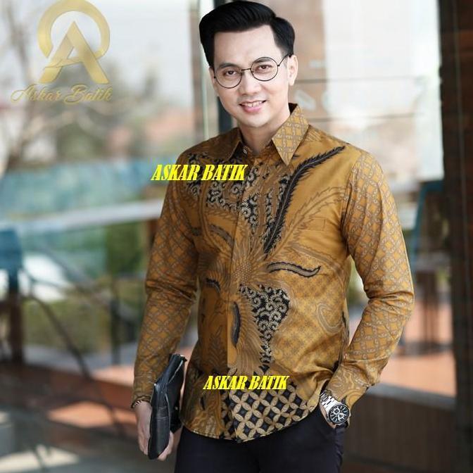 NISMARA Batik Pria Slimfitting Lengan Panjang Warna Kuning Kunyit Baju Motif