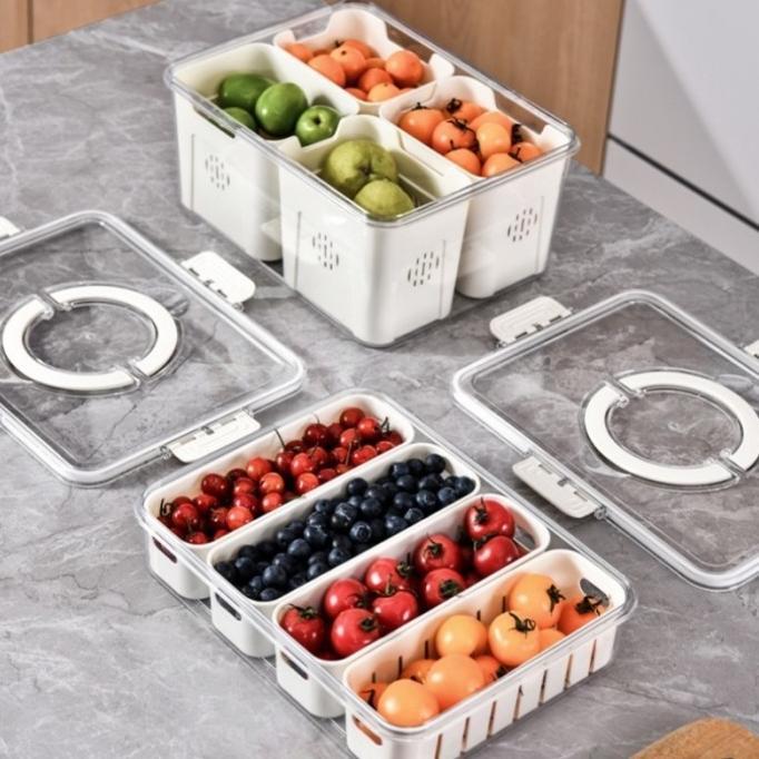 NEW DEALS Kontainer Kulkas Tempat Penyimpanan Makanan Dengan Saringan dan Tutup Transparan Penutup p