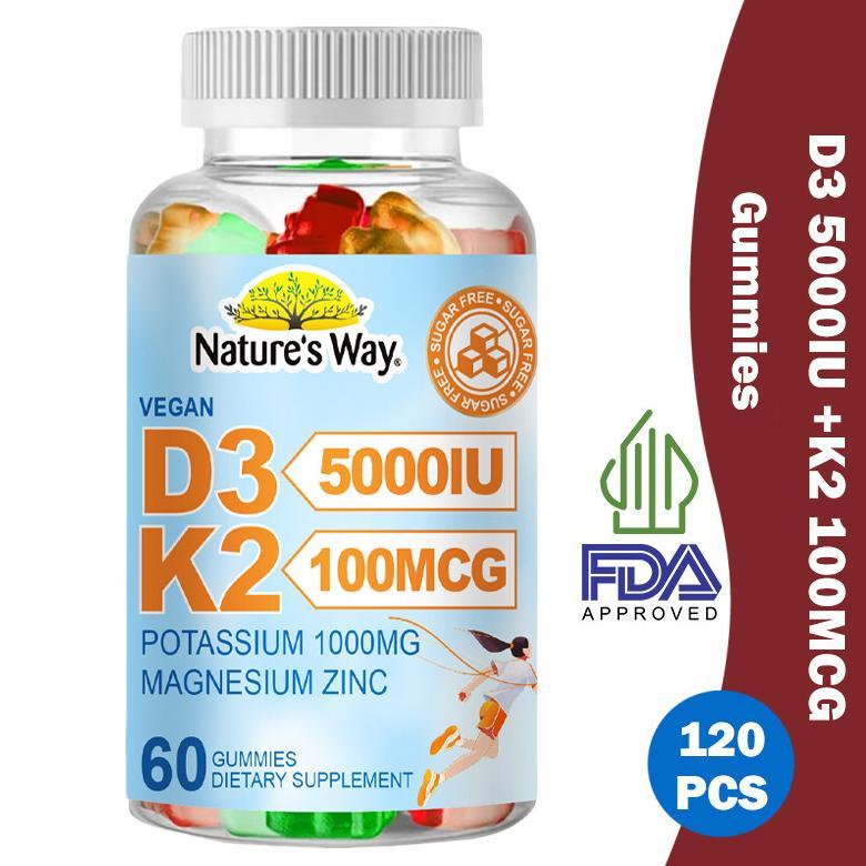 Natures Way Vitamin D3 5000IU + K2 100mcg Gummies 60pcs Suplemen dengan Magnesium & Zinc untuk Tulan