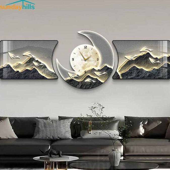 Lampu Dinding Lukisan Jam Hiasan Dinding Ruang Tamu  Jam Dinding Nordic Modern hitam Lukisan Krystal