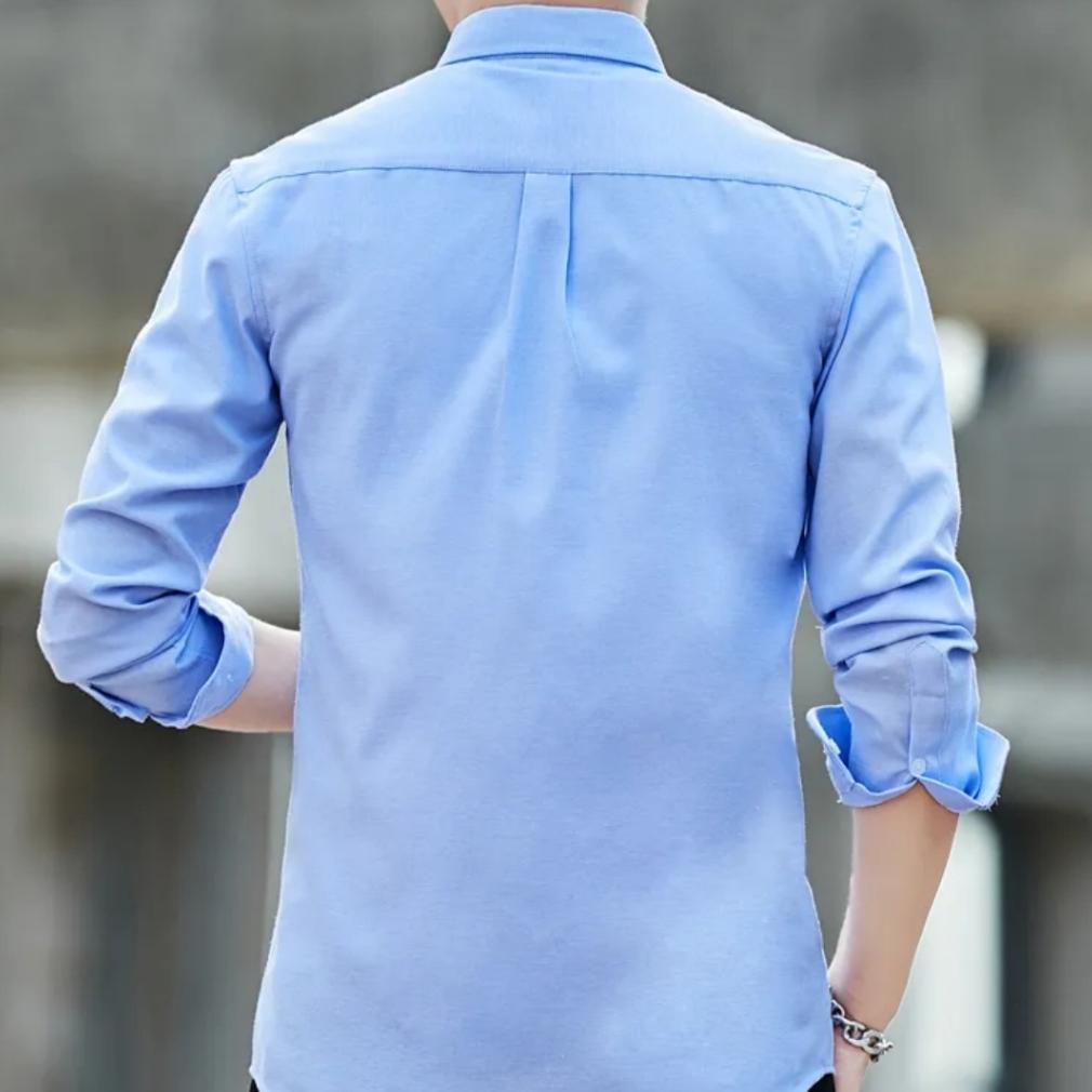 DISKON Baju Kemeja Pria Lengan Panjang Polos Sky Blue Hem Biru Langit Bahan Katun Premium