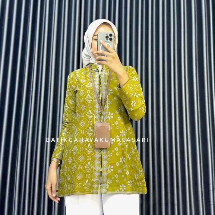 PROMO Tunik Pendek Batik Wanita Lapis Trikot Motif ROMECCA LEMON - Atasan Kerja Wanita Kuning Lemon 