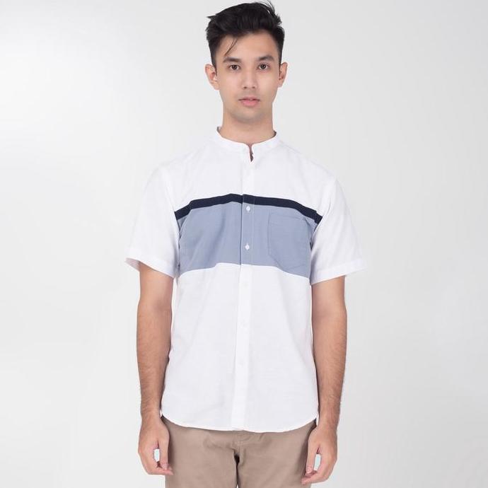 Benhill Kemeja Koko Pria Linen Lengan Pendek Putih Combination 34-16110 Kantong Katun