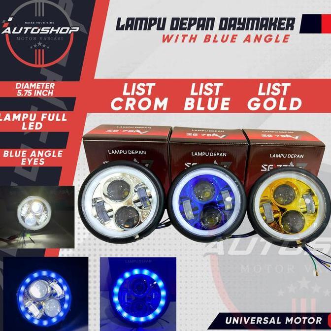 Promo Reflektor Headlamp DAYMAKER 5.75 INCH Lampu Depan CB 4 LED Blue Angle Eyes JAPSTYLE BOBBER GL 