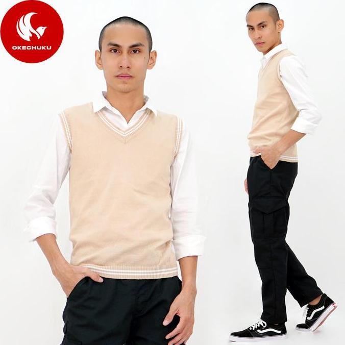 Okechuku Rompi Rajut Pria Vest Rajut Pria KREM LIST PUTIH Vest Pria