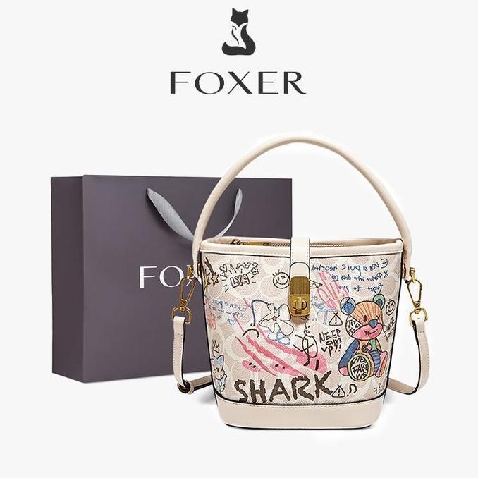 FOXER Tas Bahu Wanita Tas Bucket Grafiti Tas Tangan Fashion Tas Wanita Bermotif Tas kulit Hitam