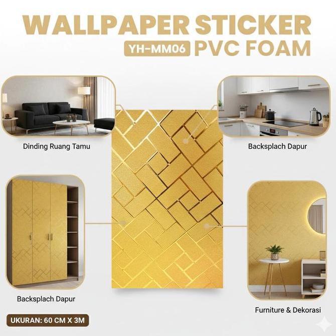 Wallpaper Foam PVC Full Glossy Wallpaper Stiker Dinding Roll Ukuran 60Cm x 3 Meter Motif Bata Warna 