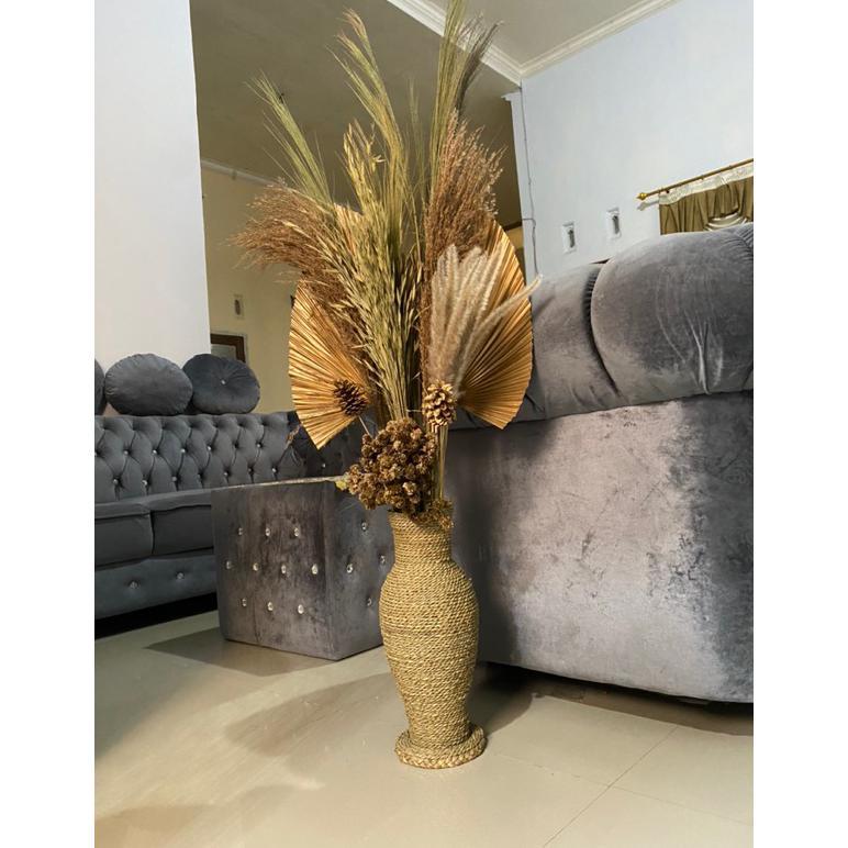 Paket Lengkap Bunga Dan Pot | Daun Palem Kering | Bunga Kering | Pampas | Rayung | Dekorasi Rustic |