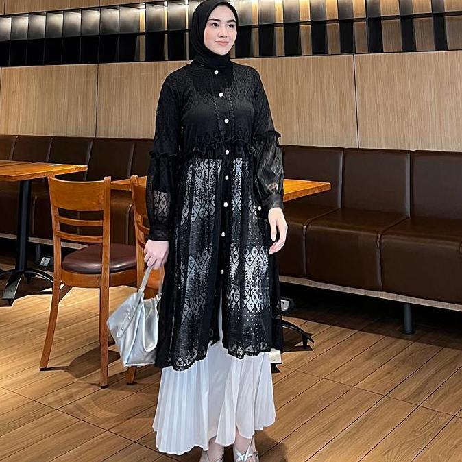 Black Outer Tunik Brukat Cardigan Brokat Lengan Panjang Outer Hitam atasan outher brukat Outer Broka