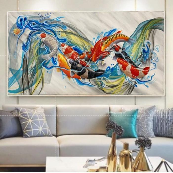 Lukisan kanvas koi dragon - lukisan kanvas koi fengshui - lukisan siap pajang