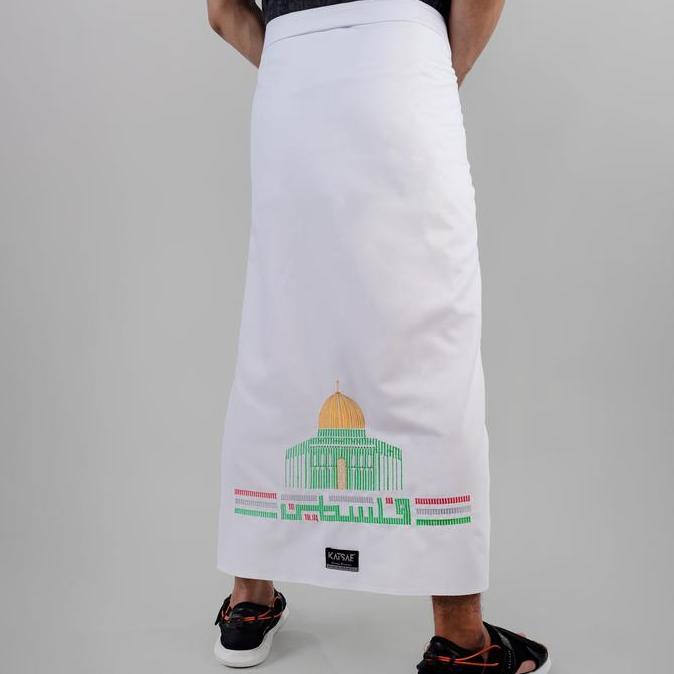 Katsae - Sarung Bordir Motif Al-Quds Palestina 100% Timbul Sarung Pria Dewasa Sarung Sholat Putih