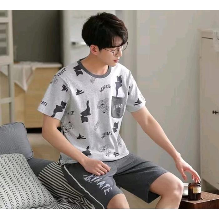 Bisa Cod - Baju Tidur Piyama Cowok Pendek Bahan Kaos Katun Tebal Celana Panjang Dewasa Setelan Nyama