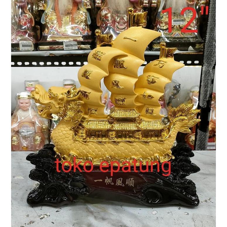 Patung Pajangan Kapal Dagang Rezeki/Naga Kapal Fengshui Chrom 12inch