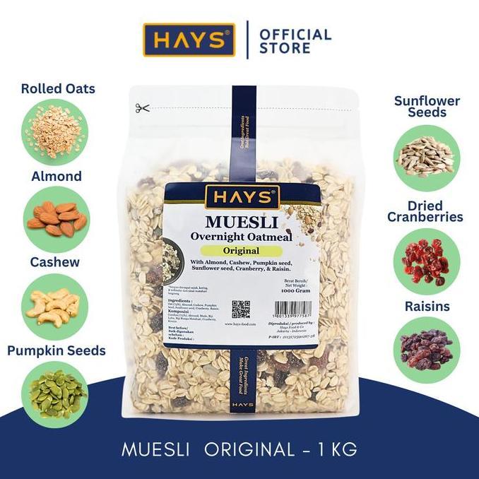 HAYS Muesli overnight oatmeal original 1 KG Nuts Seeds & Fruits 1000 G