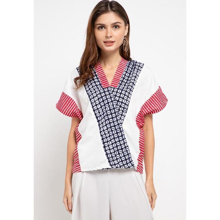 Bisa Cod - Bhatara Batik Blouse Wanita Rosalind 4704 Putih Fit Katun Kerah Kombinasi
