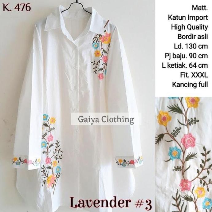 KEMEJA TUNIK JUMBO KATUN BORDIR BUNGA WANITA WHITE SERIES LD. 130 LAVENDER JUMBO Putih Baju Atasan M