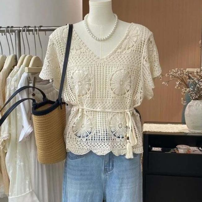 Atasan Rajut Brokat Atasan Rajut Brokat Wanita Motif Bunga Lengan Pendek