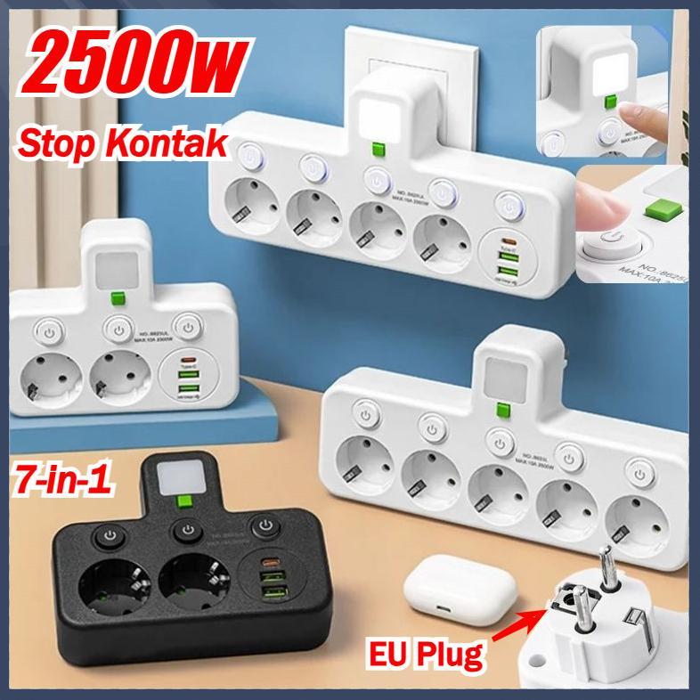 [COD] 2500W Power Strip Wall Socket Stop Kontak 7IN1 Stop Kontak Multi Outlets Expander EU 3 Power S