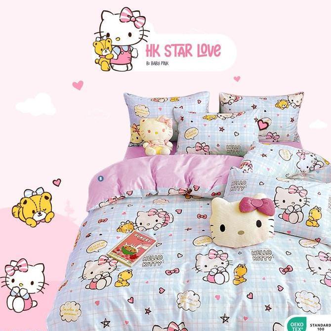 Sprei Katun Lokal Star Bintang Kecil Motif Hk Kitty Pink Biru - Marie Cat - Motif Kucing Cantik Prem