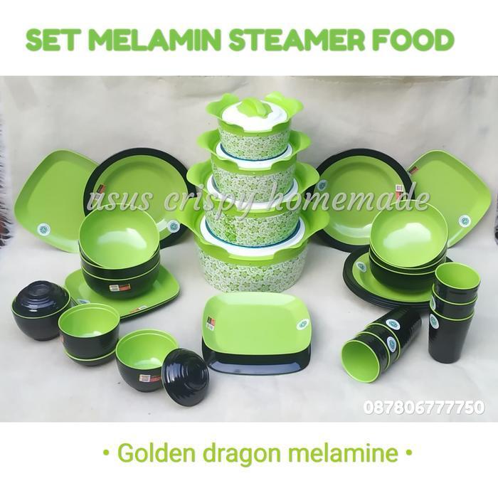 set melamin golden dragon 30 pcs + warmer food -hijau