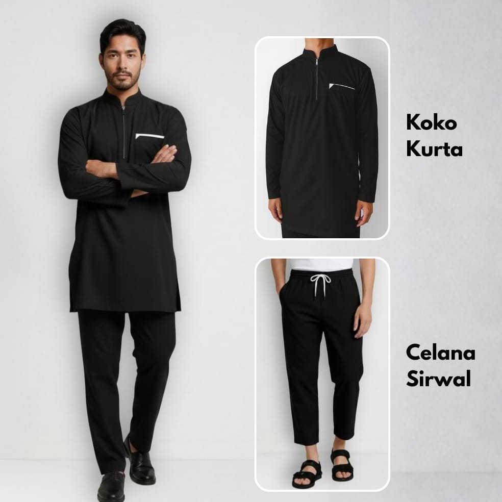 FAVORIT Setelan Koko Kurta Pria Celana Sirwal Premium - Baju Koko Pakistan Lengan Panjang Zipper - S