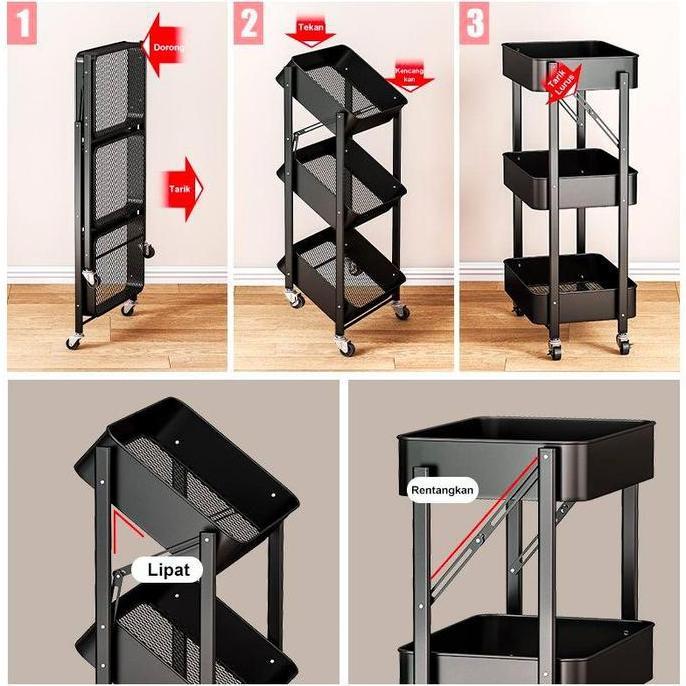 Besi 100%Rak Troli Besi 3 Susun Rak Lipat Rak Dapur Stainlessrak Roda Serbaguna Rak Penyimpanan Rak 