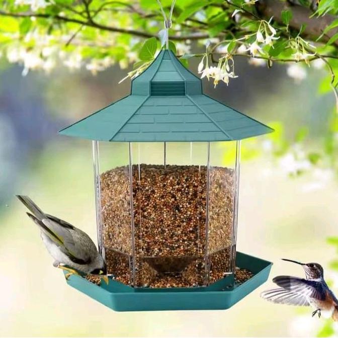 PROMO DISKON - Rumah Gazebo Gantung Tempat Makanan Burung Liar Hijau PP+PSS 19x23cm Kapasitas 500ml 