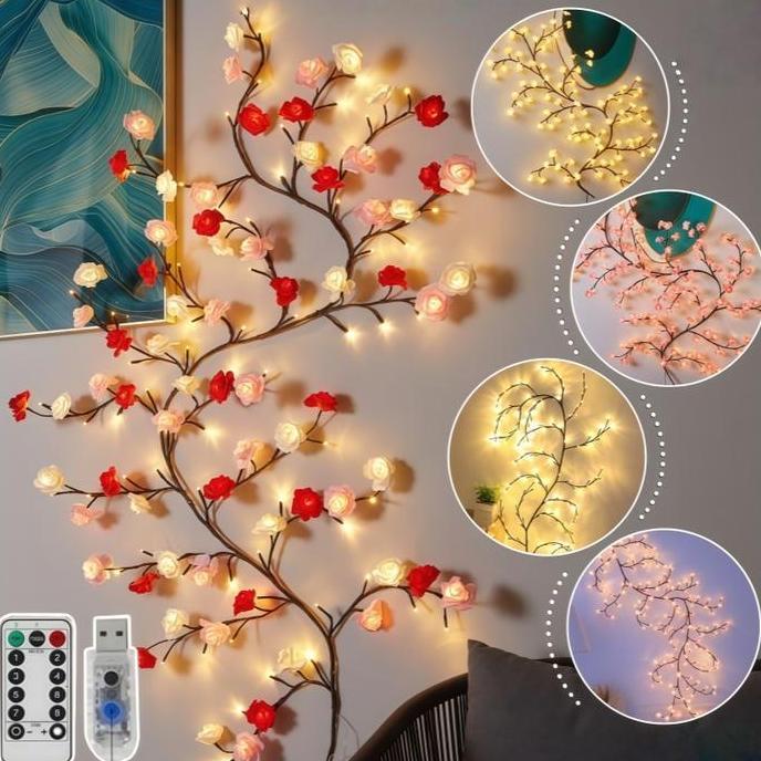 Lampu LED Model Mawar Pohon Ranting Dekorasi Dinding DIY Lampu Pohon Bunga Persik Lampu Kamar Tidur/
