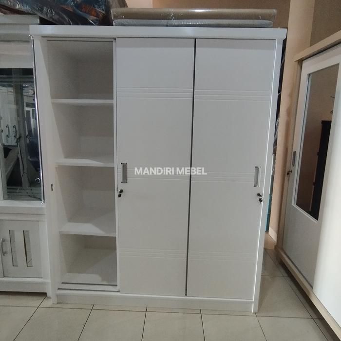 Lemari Pakaian Kayu 3 Pintu Geser Kaca Furniture Laci