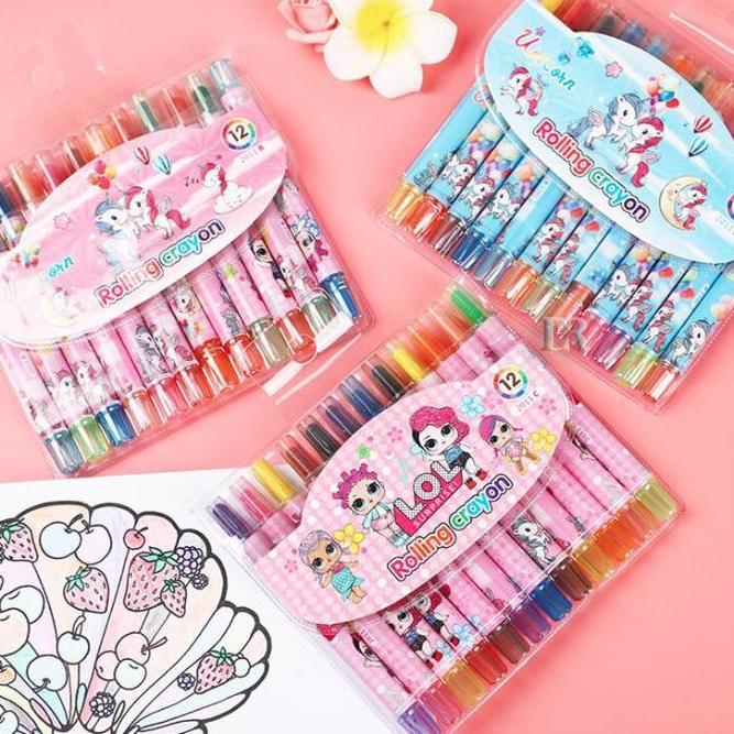 MAQIMUD LNR Shop 12Pcs Rolling Crayon Pensil Warna Putar Multi Colors Painting Drawing Sophia The Fi
