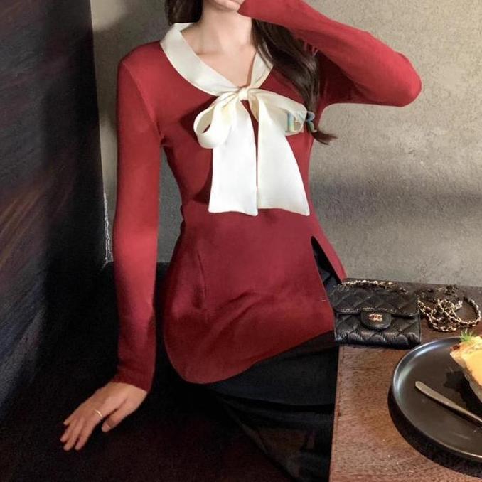 SOJEHBOW LNR Shop Atasan Tunik Bahan Rajut Halus Dengan Tali Pita Belah Samping Bawah Lengan Panjang