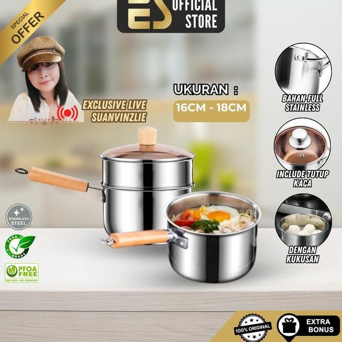 OVERAJA [ES x Suanvinzlie] Panci Susu Panci Mie Panci Sup Stainless Steel Dengan Kukusan Ukuran 16cm