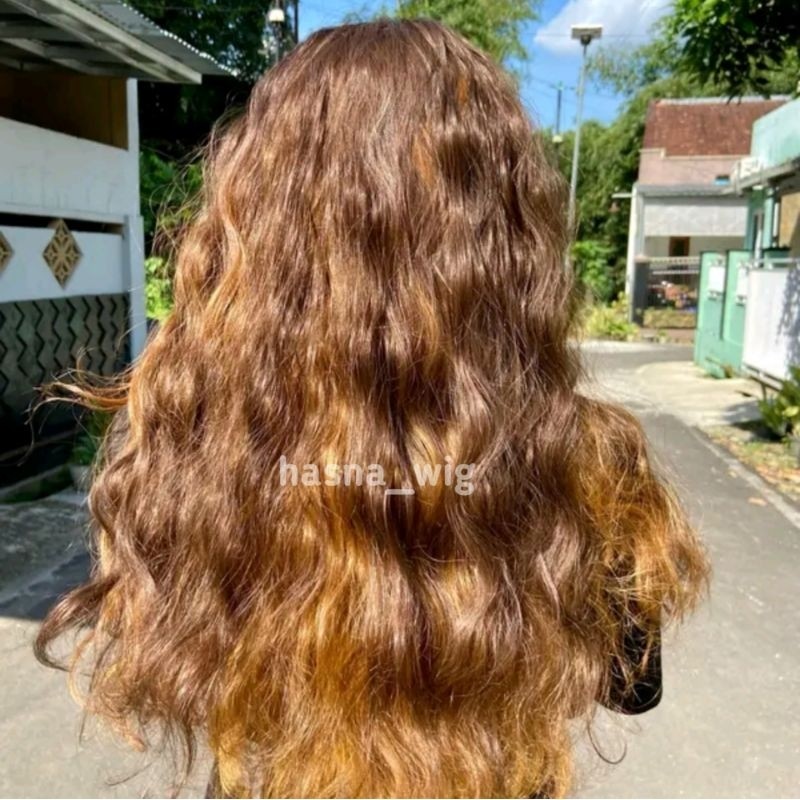 Wig Pria Rambut Panjang Keriting Warna Ombre Hitam Pirang