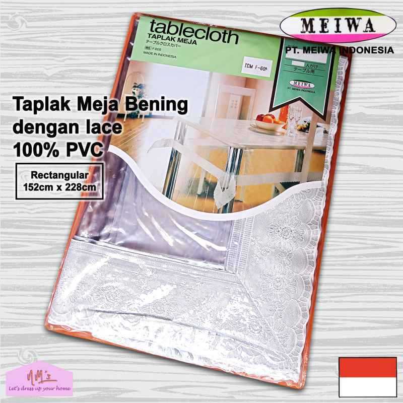 Meiwa - Taplak Meja Makan Ruang Tamu Plastik Pvc Transparan Bening Motif Renda Persegi Panjang Anti 