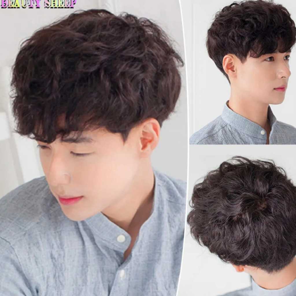 Wig Pria Rambut Pendek Model Keriting Ikal Poni