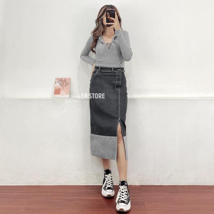 ERZA SKIRT JEANS/ ROK JEANS HIGH WAIST WANITA Panjang Hitam /LEA STORE