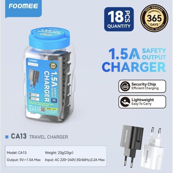 FOOMEE CA13 TRAVEL CHARGER 1.5A 1 USB PORT (1 TOPLES ISI 18 PCS) SAFETY OUTPUT CHARGER ORIGINAL FOOM